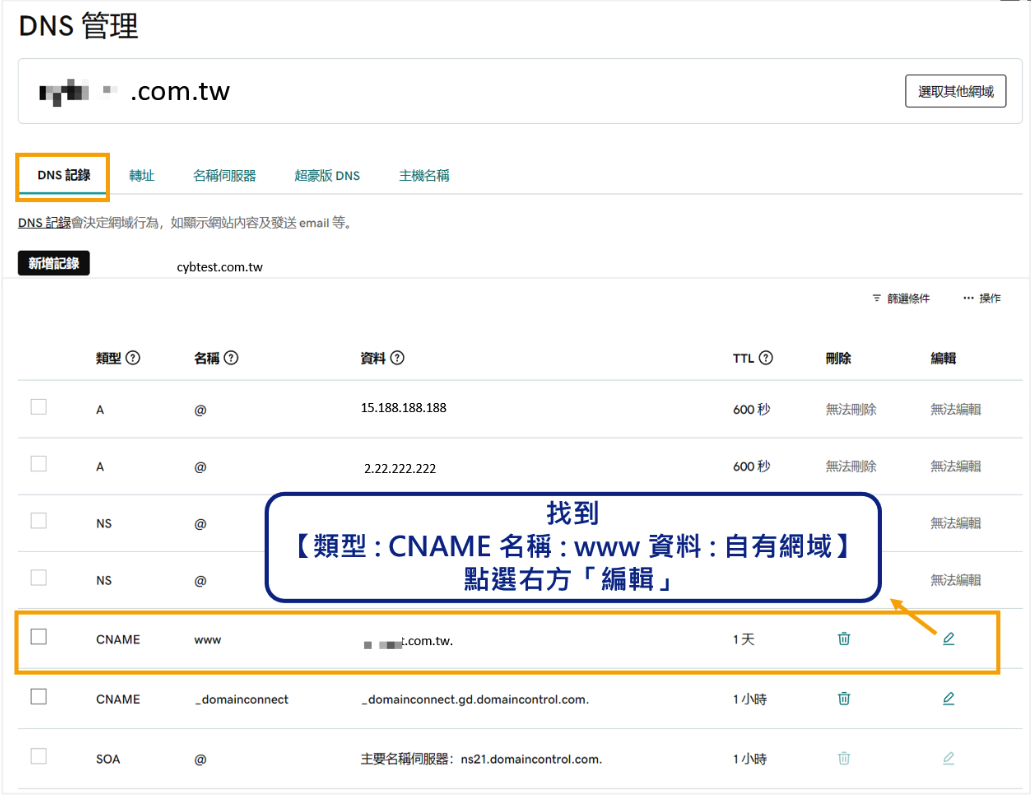 GoDaddy DNS 設定示意圖 1